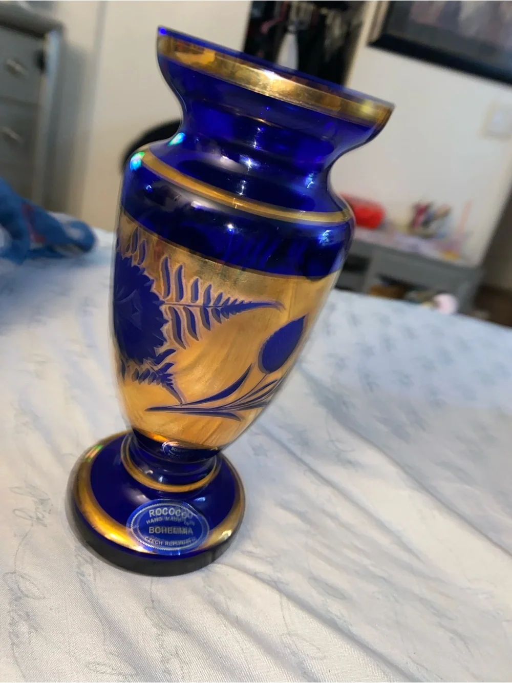 n Cobalt Blue and Gold Rococo Glass Vase